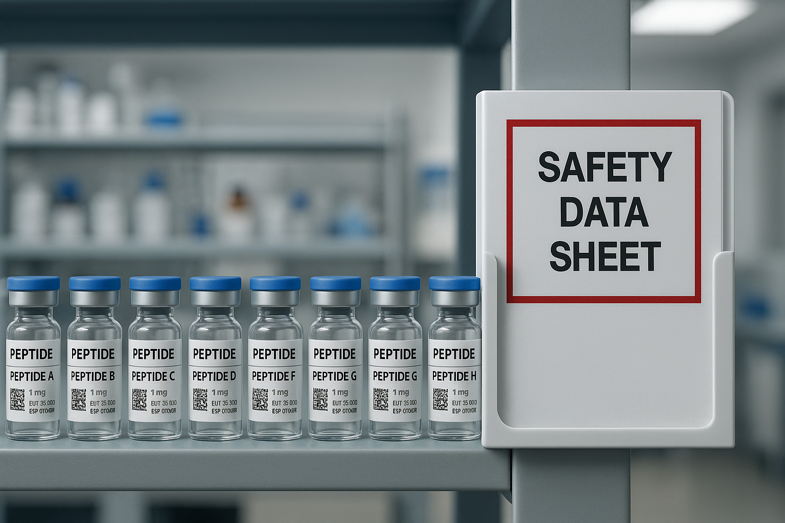 Regulated laboratory shelf with labeled peptide vials and QR codes
