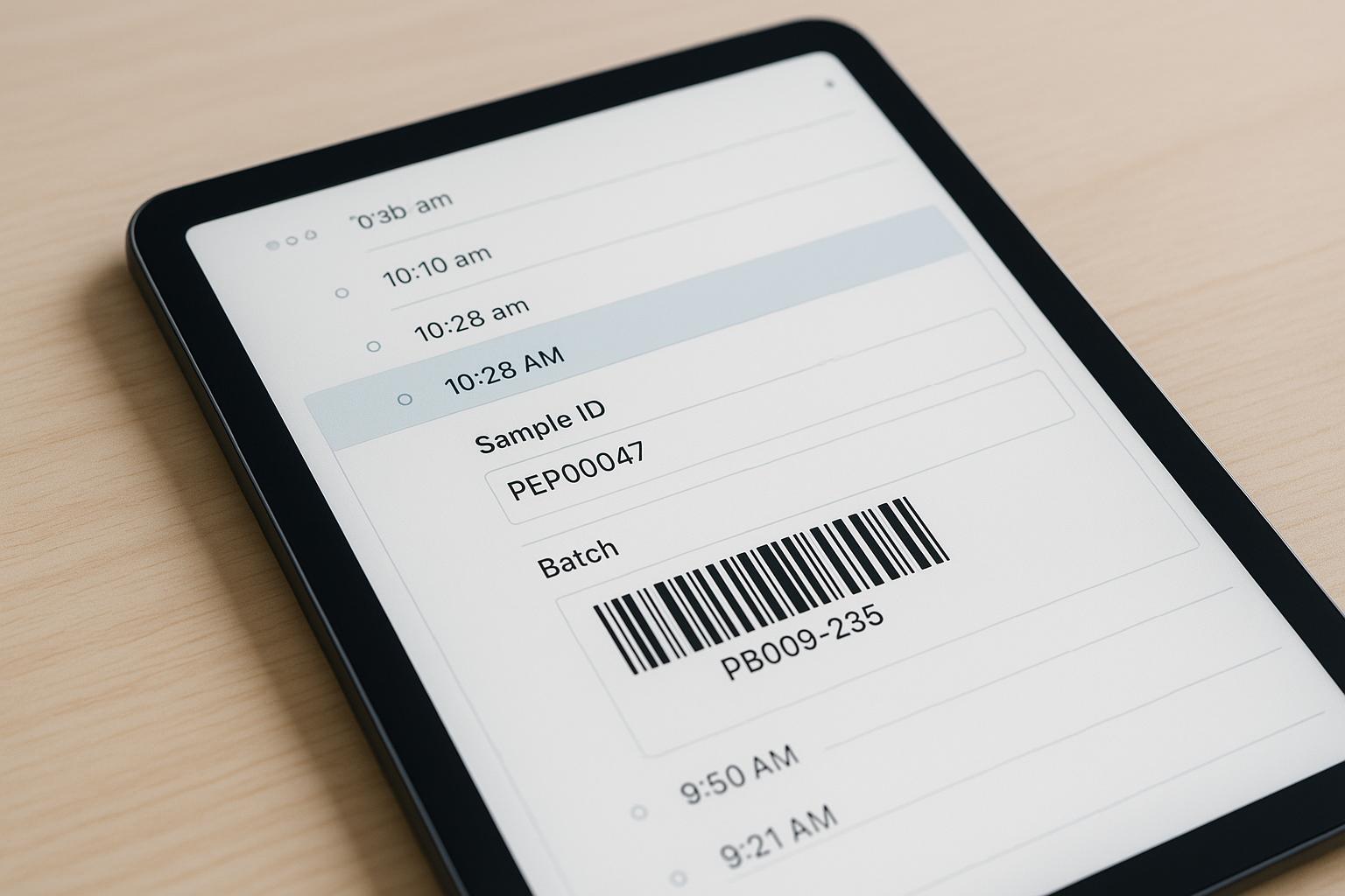 Screenshot of an electronic lab notebook interface showing peptide batch entry
