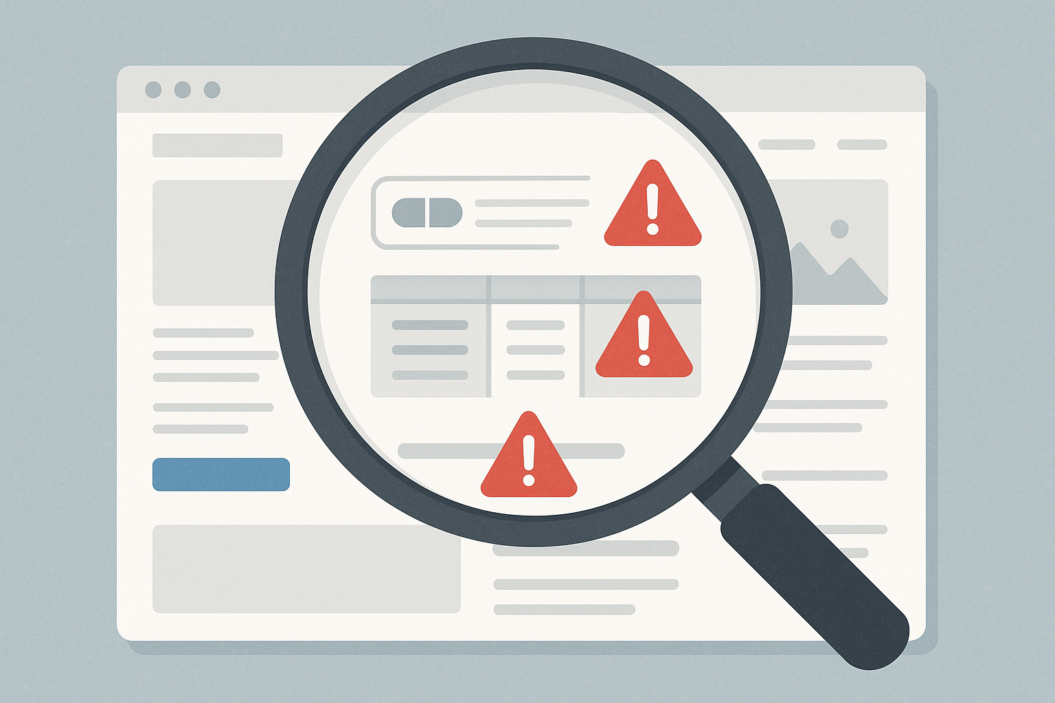 Magnifying glass highlighting risky claim areas on a peptide website