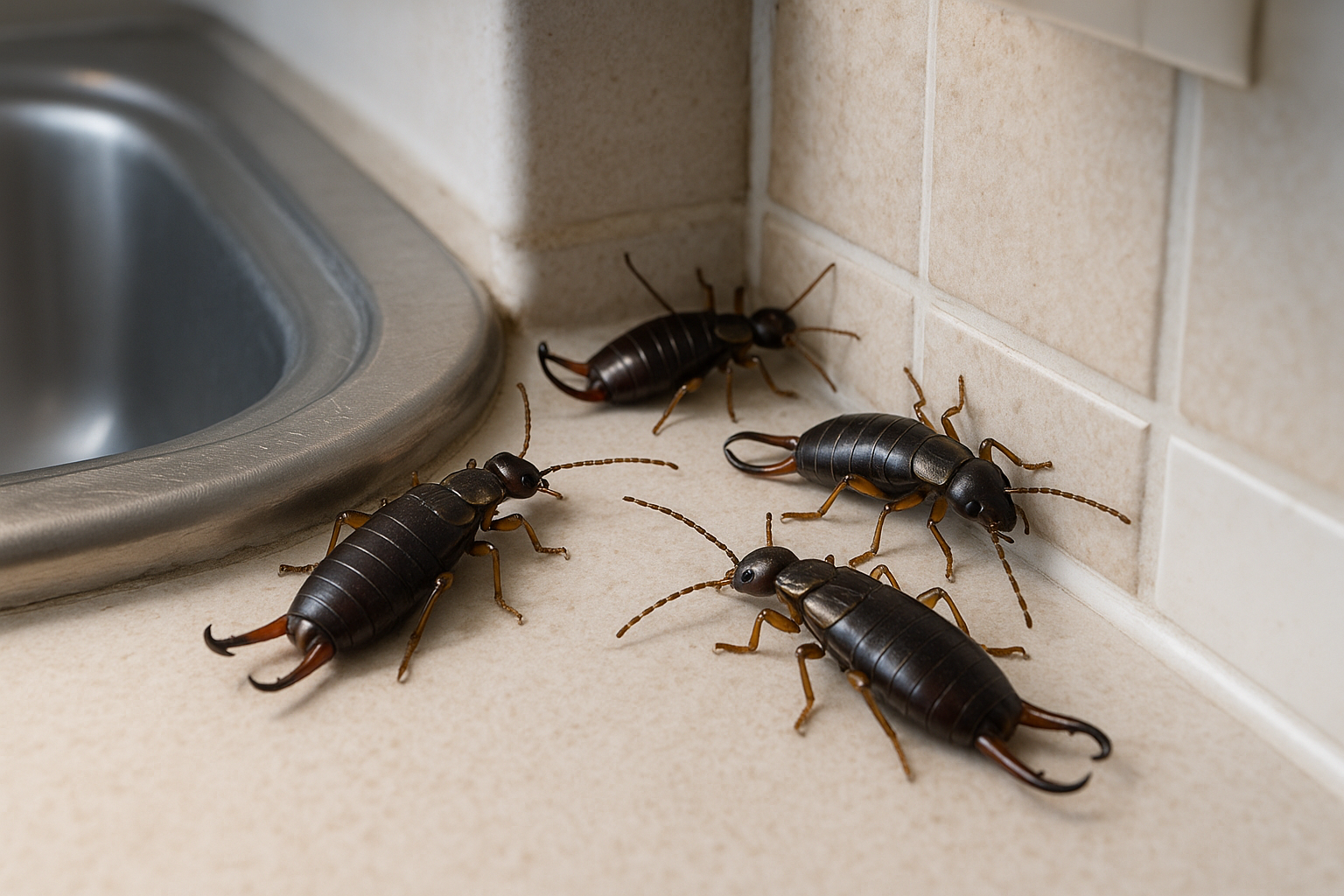 Earwigs gathered under a kitchen sink, illustrating a common indoor hiding spot