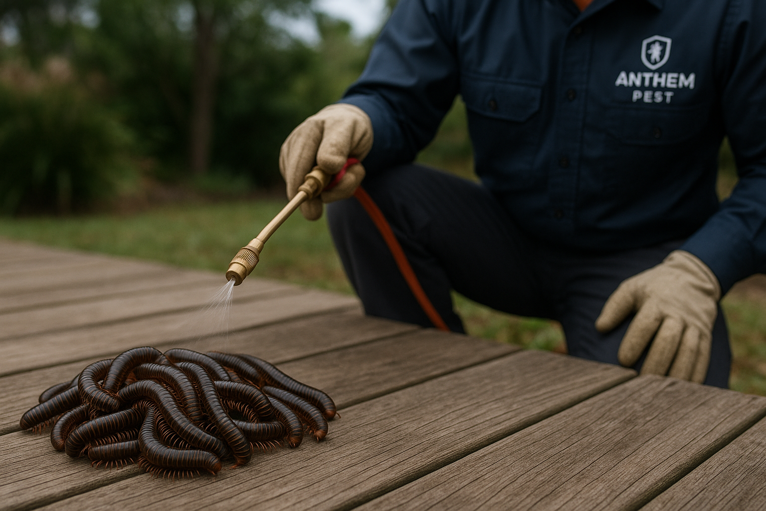 Close‑up of a dark brown millipede on a wooden surface