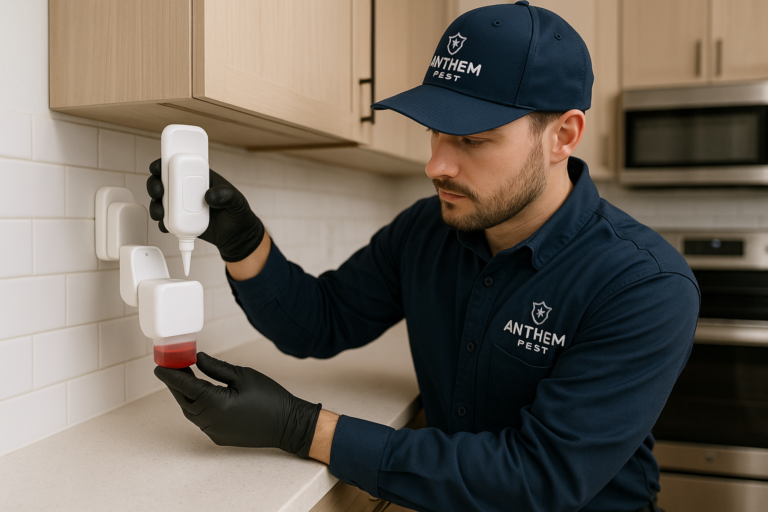 Anthem Pest technician setting up a fruit fly bait station in a kitchen