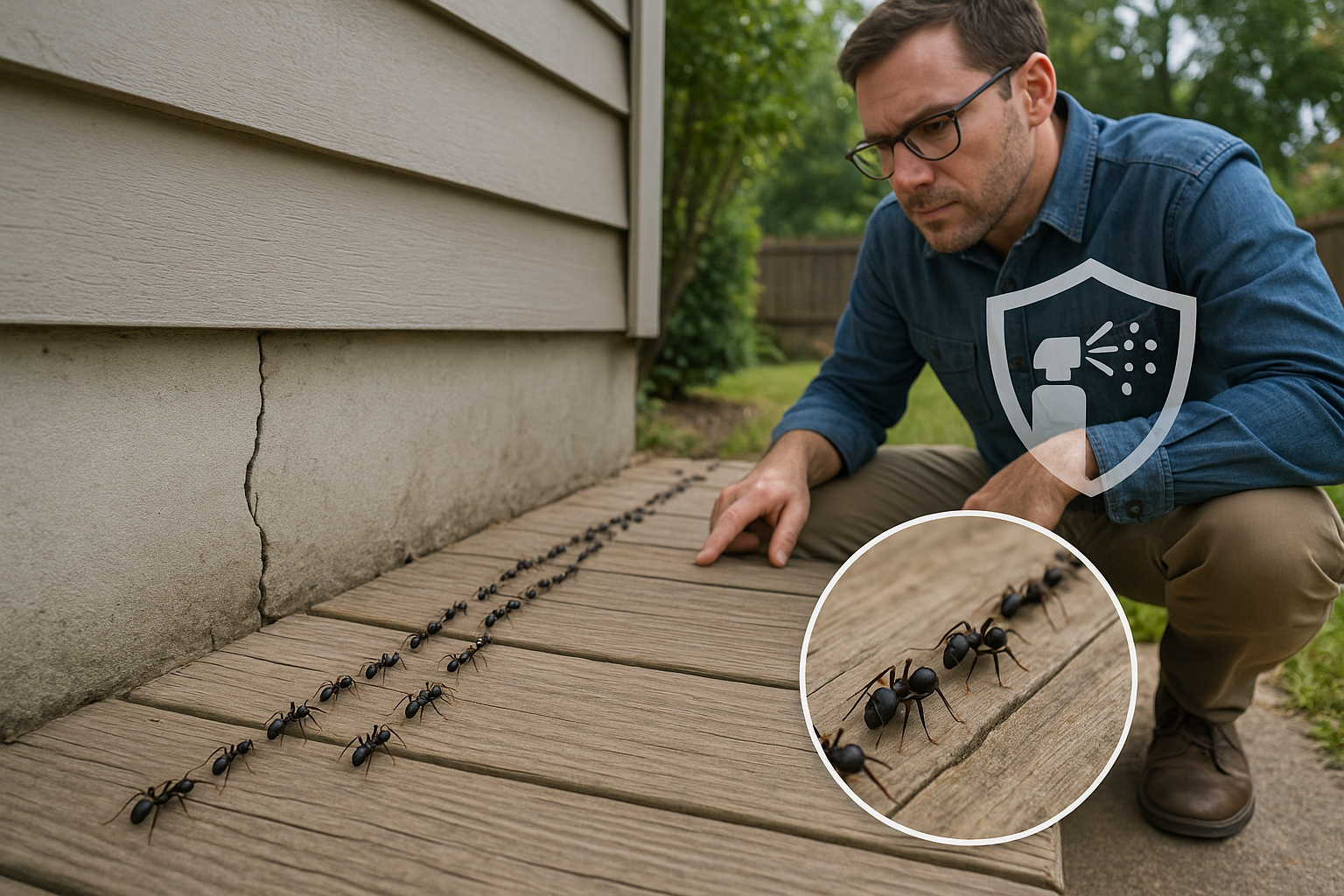 Diagram comparing ant bait stations, liquid sprays, and perimeter barrier treatments