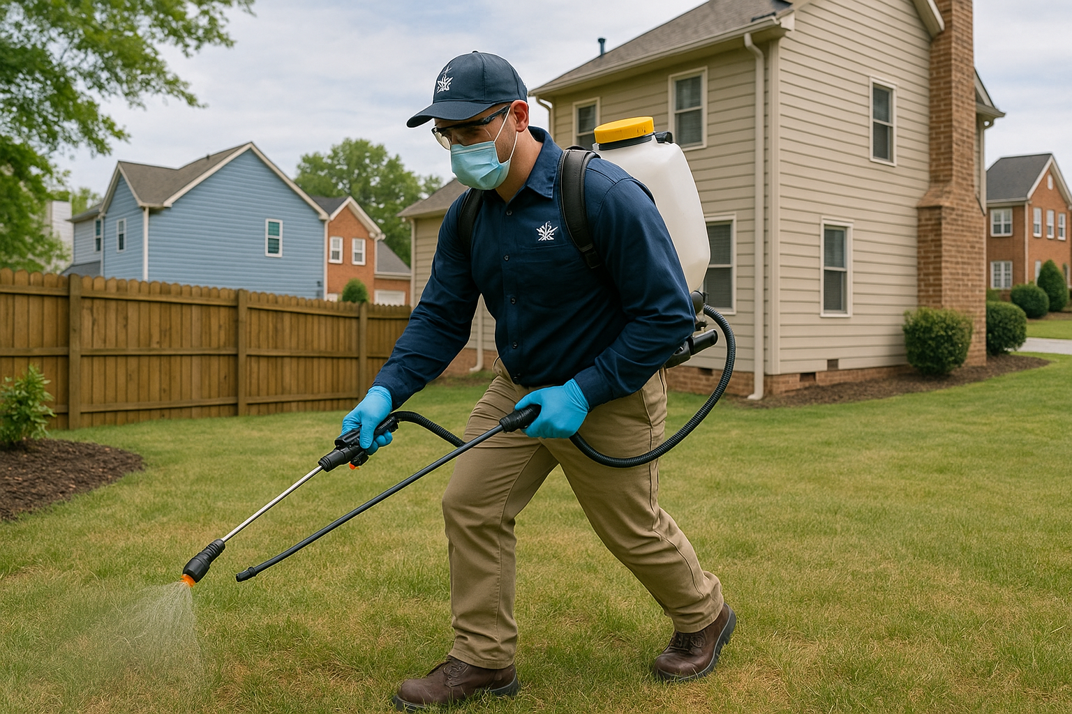 Certified technician in uniform inspecting a home for fleas
