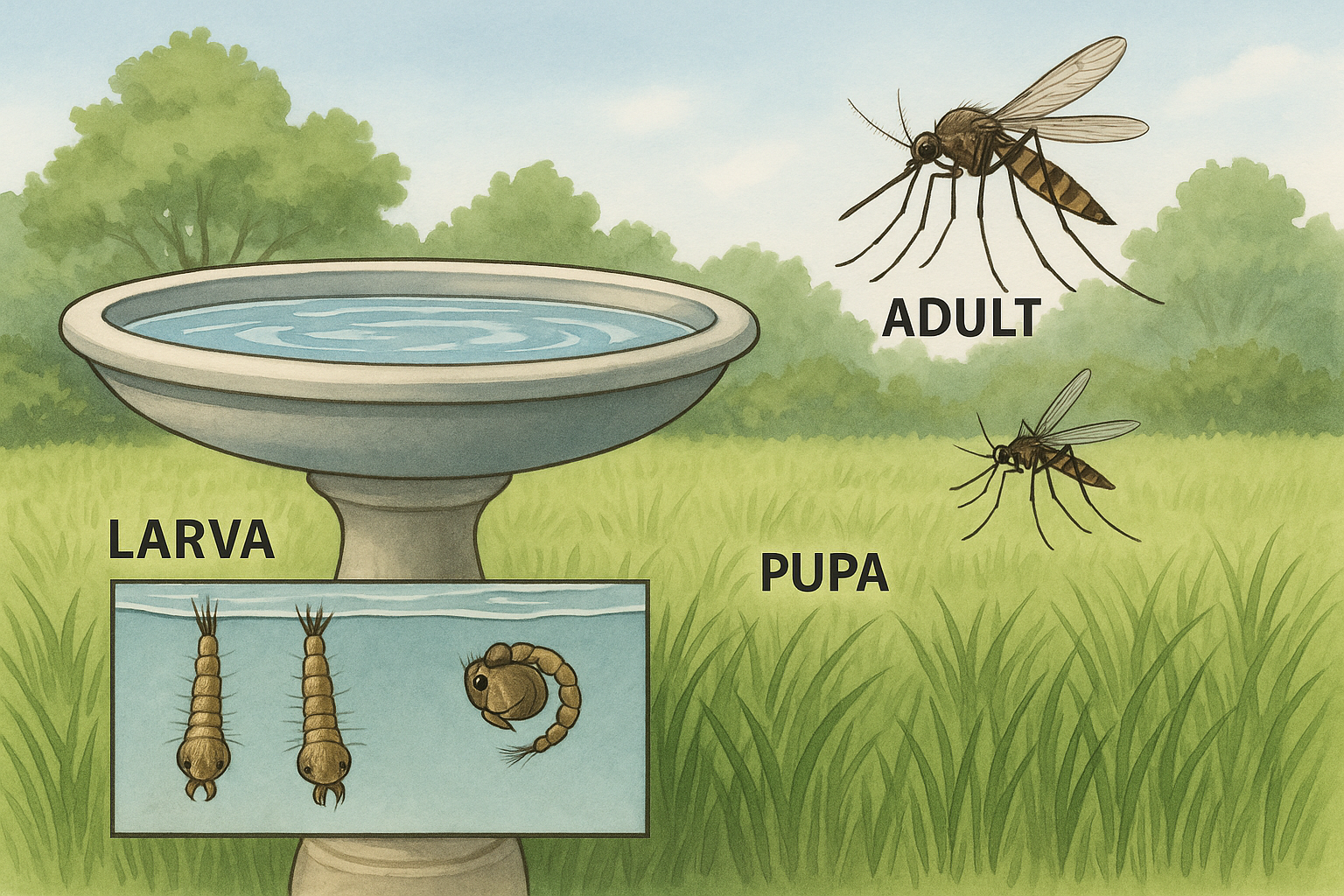 Mosquito lifecycle illustration highlighting breeding sites and adult activity