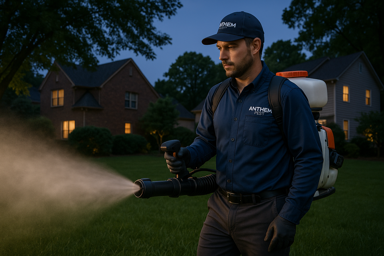 Technician using a handheld fogger to treat a backyard for mosquitoes