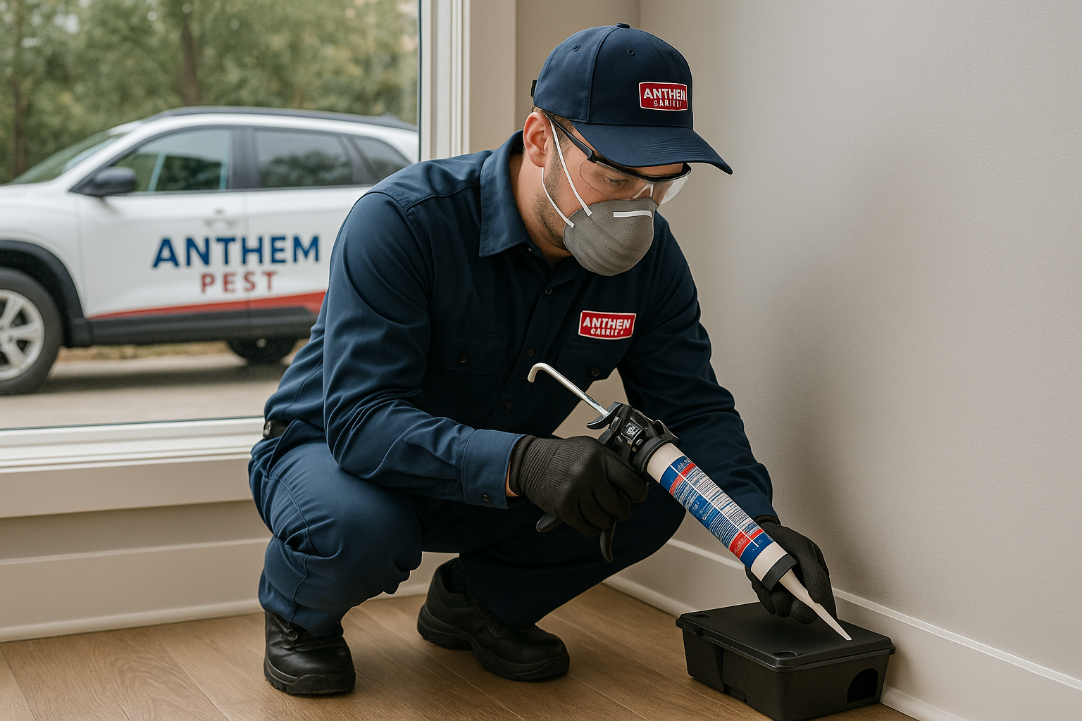 Anthem Pest technician sealing a mouse entry point in a Vinings home