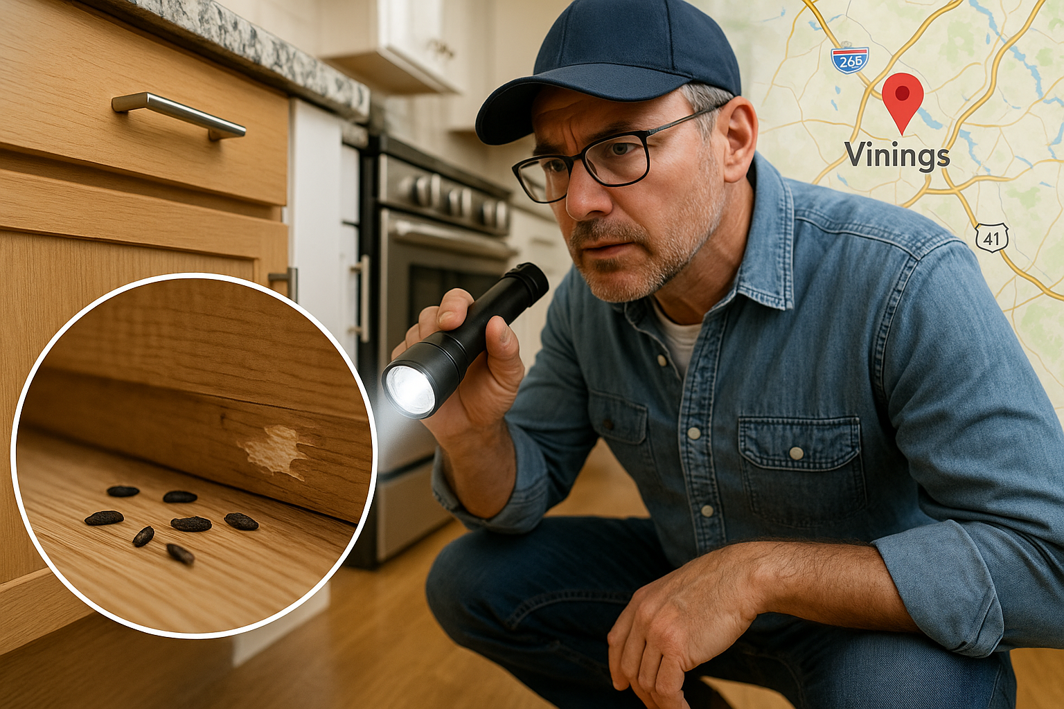 Rat droppings and gnaw marks on a kitchen floor