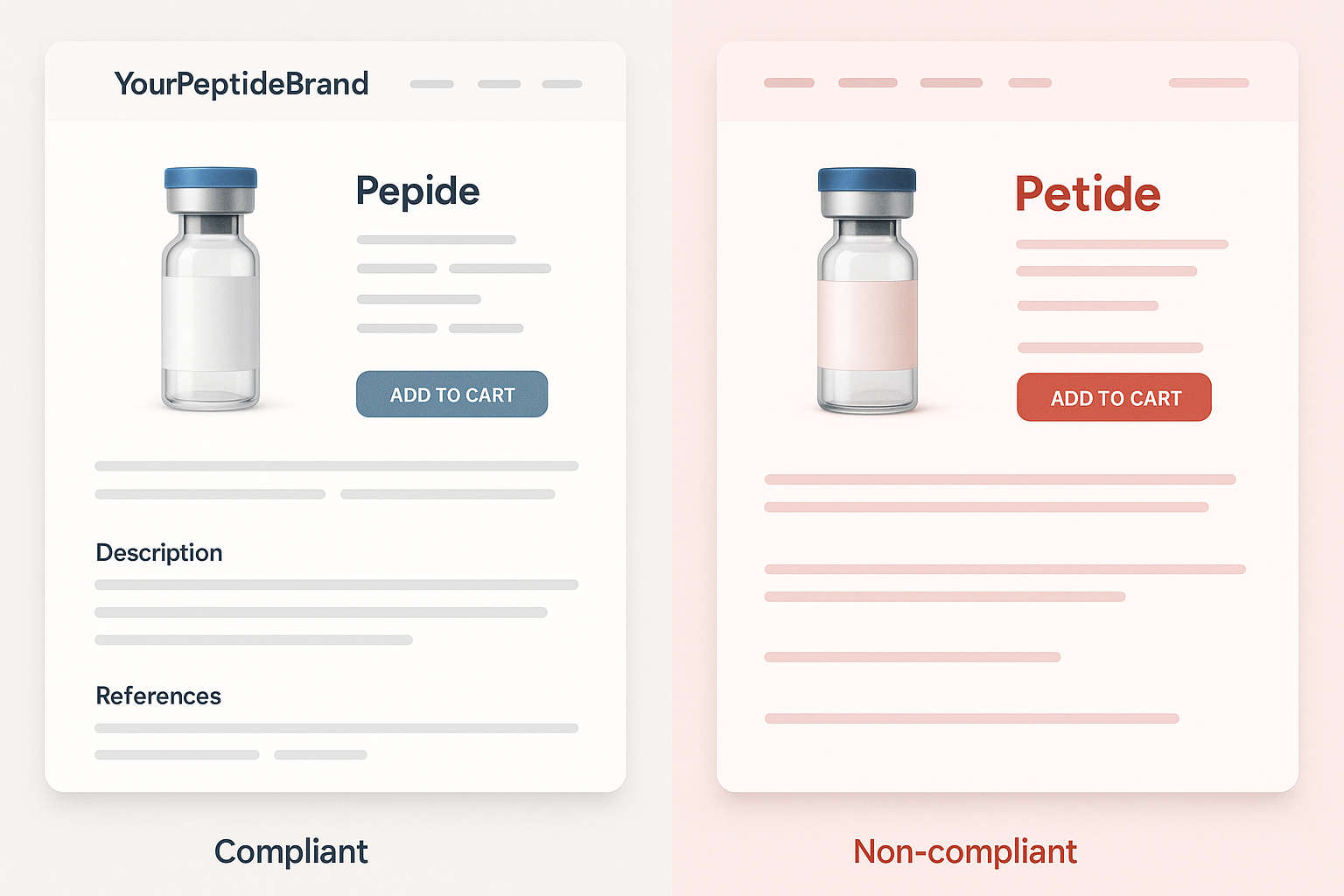 Side‑by‑side mock‑up of a compliant peptide product page and a non‑compliant version