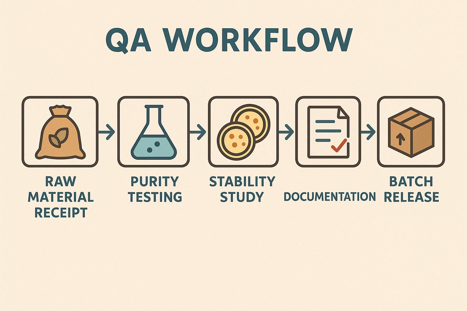 QA workflow diagram for RUO peptide production, showing receipt, synthesis, testing, stability, documentation, and release steps