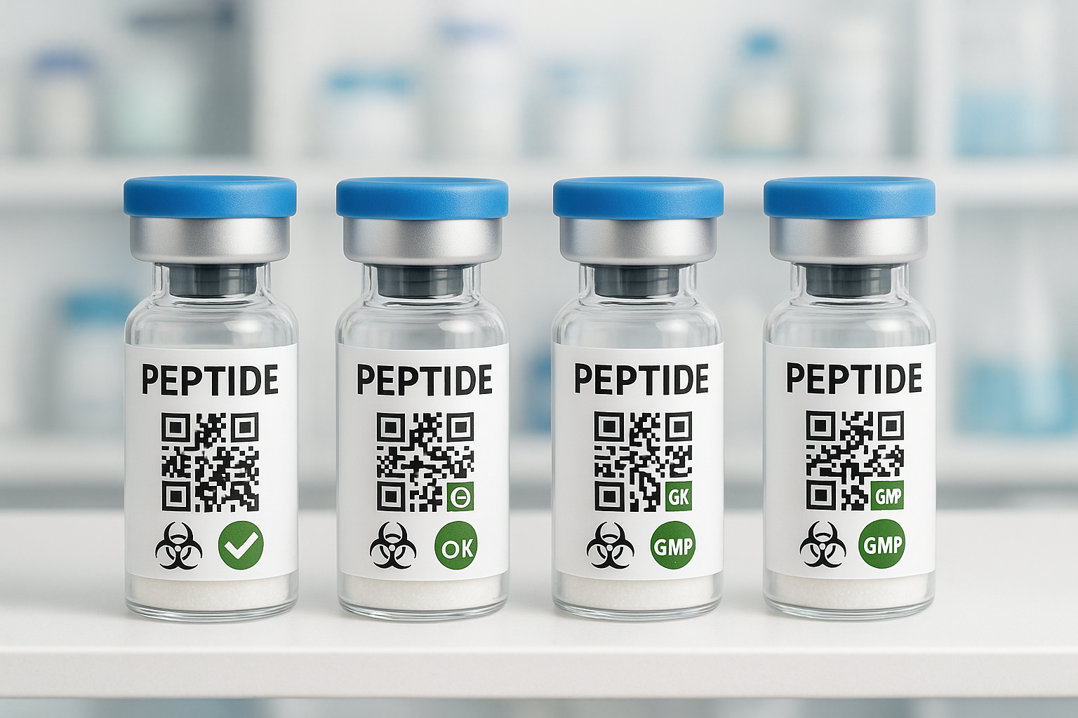 Laboratory shelf displaying peptide vials with QR code labels and compliance stickers
