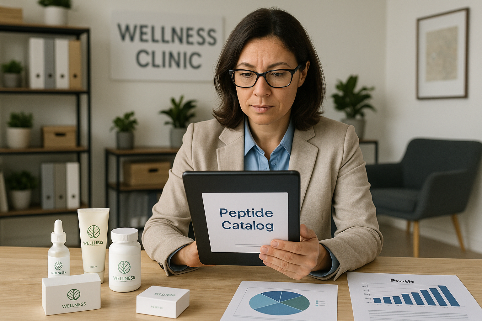 Illustration of a clinic owner reviewing a peptide catalog