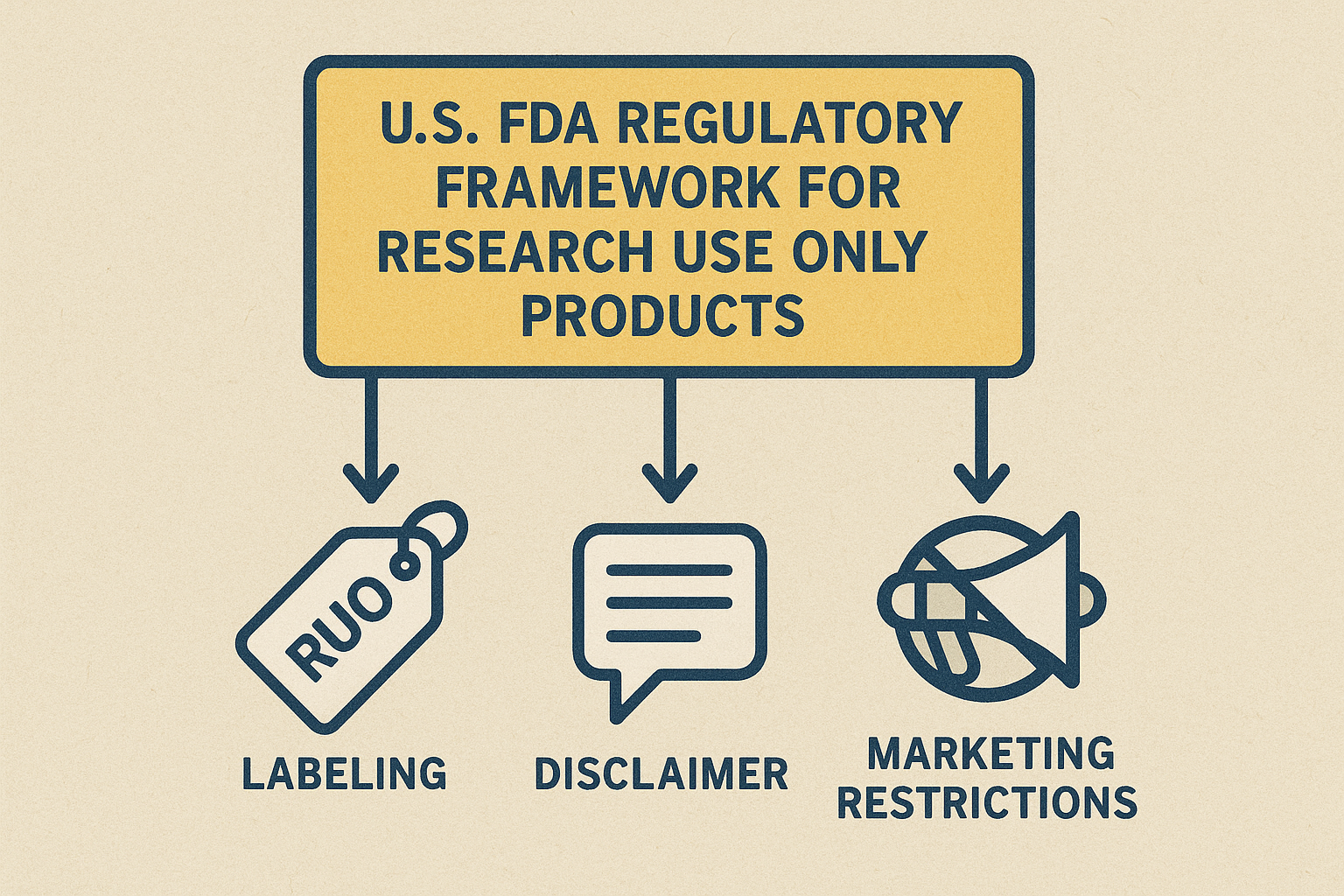 FDA RUO regulatory flowchart showing labeling, disclaimer, and marketing restrictions