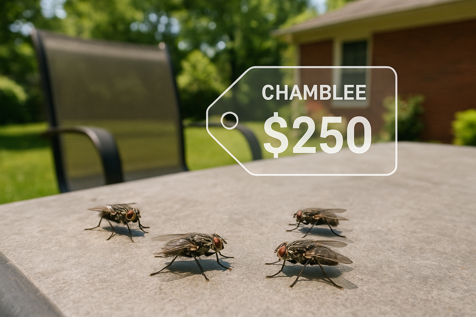 Backyard with trash, pet waste, and standing water attracting house flies