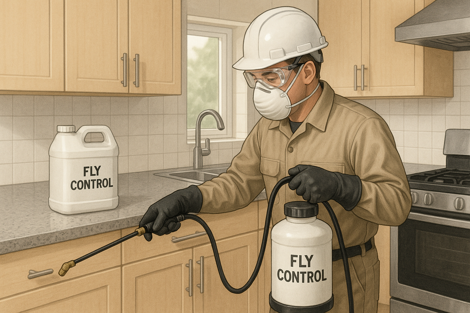 Technician applying fly control treatment in a Chamblee home