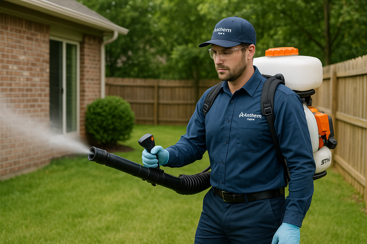 Technician applying mosquito mist to a residential yard