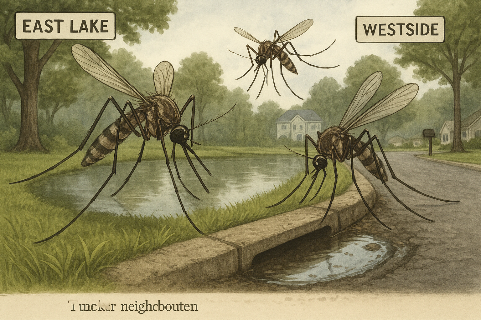Illustration of Tucker neighborhoods with standing water and mosquitoes