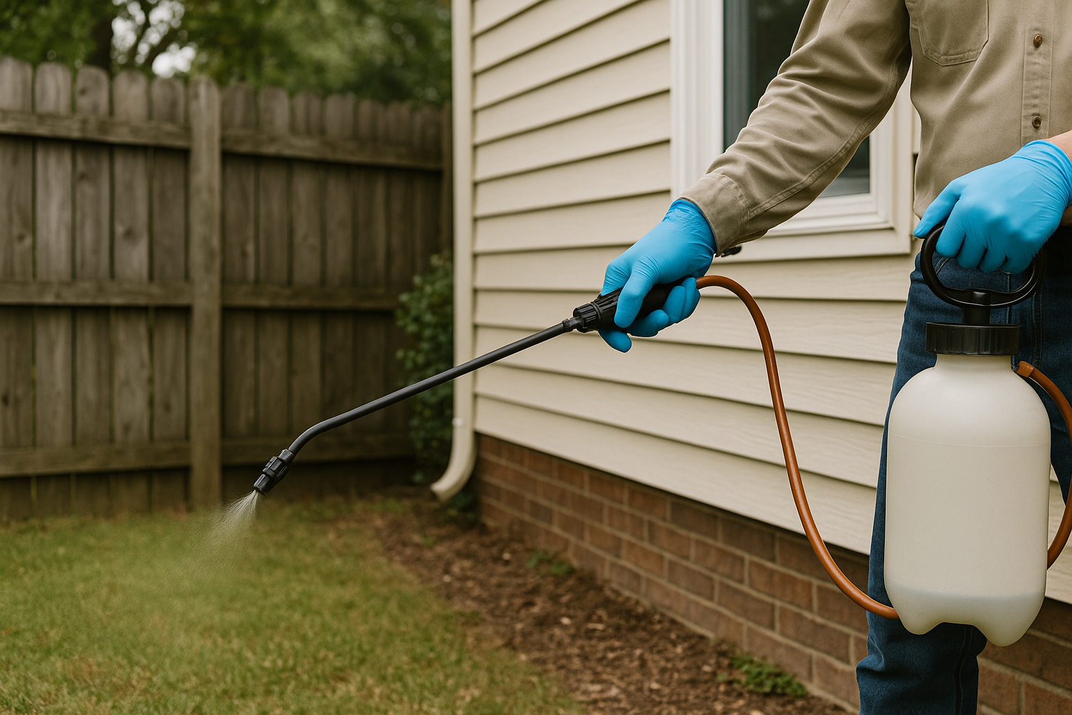 Homeowner applying perimeter spray around the yard
