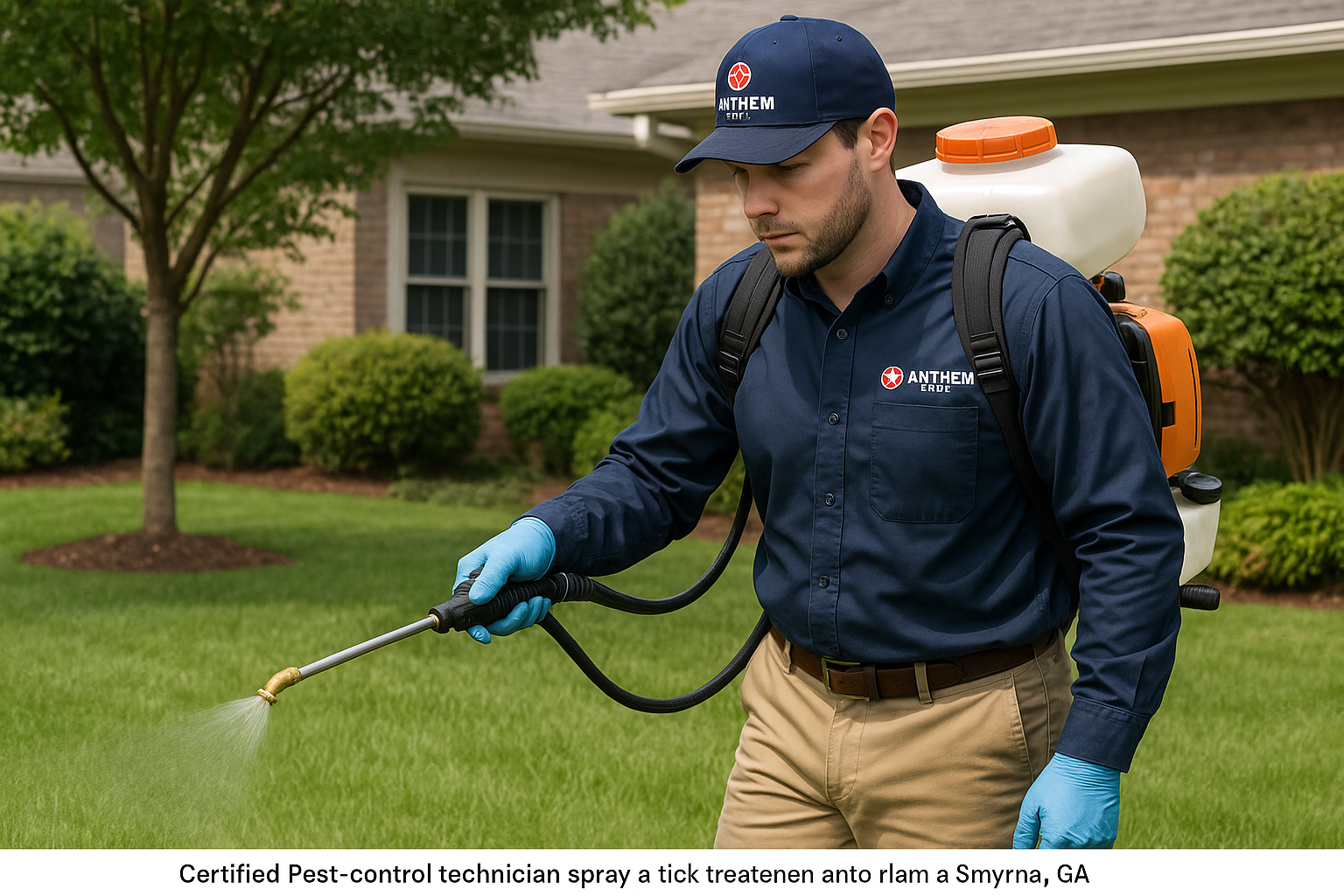 Anthem Pest technician applying a tick treatment in a suburban yard