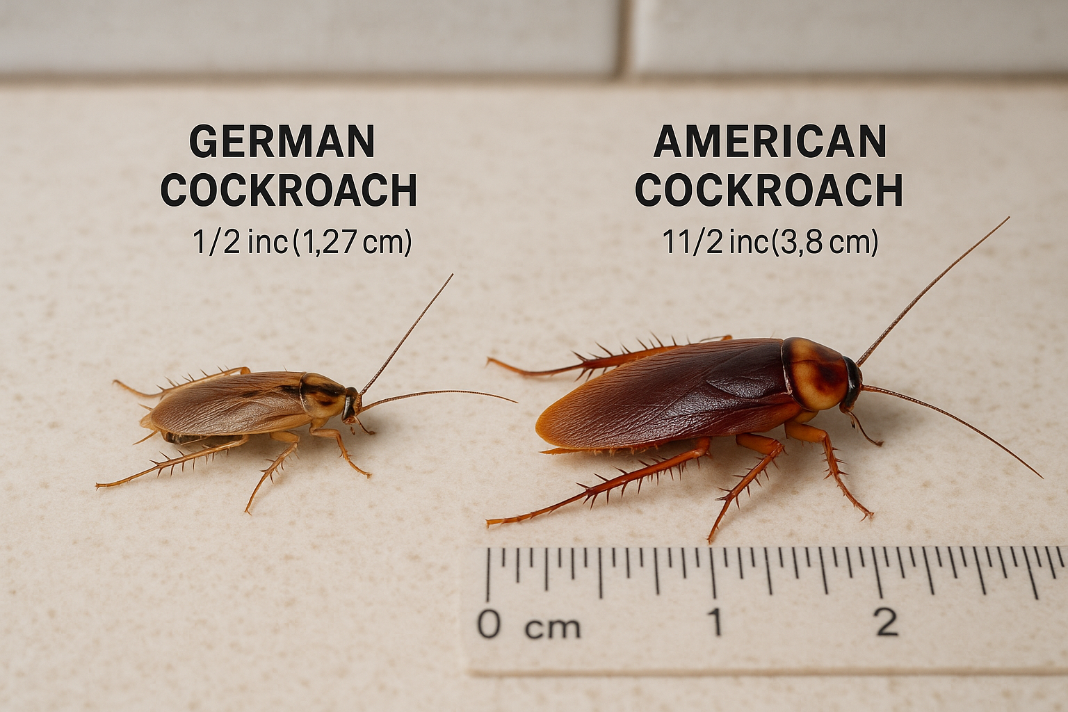 Close‑up view of cockroach droppings and an ootheca on a kitchen countertop