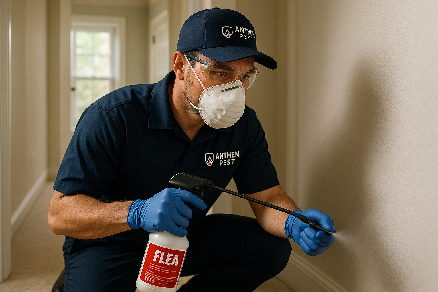 Professional pest technician applying flea treatment in a Vinings home