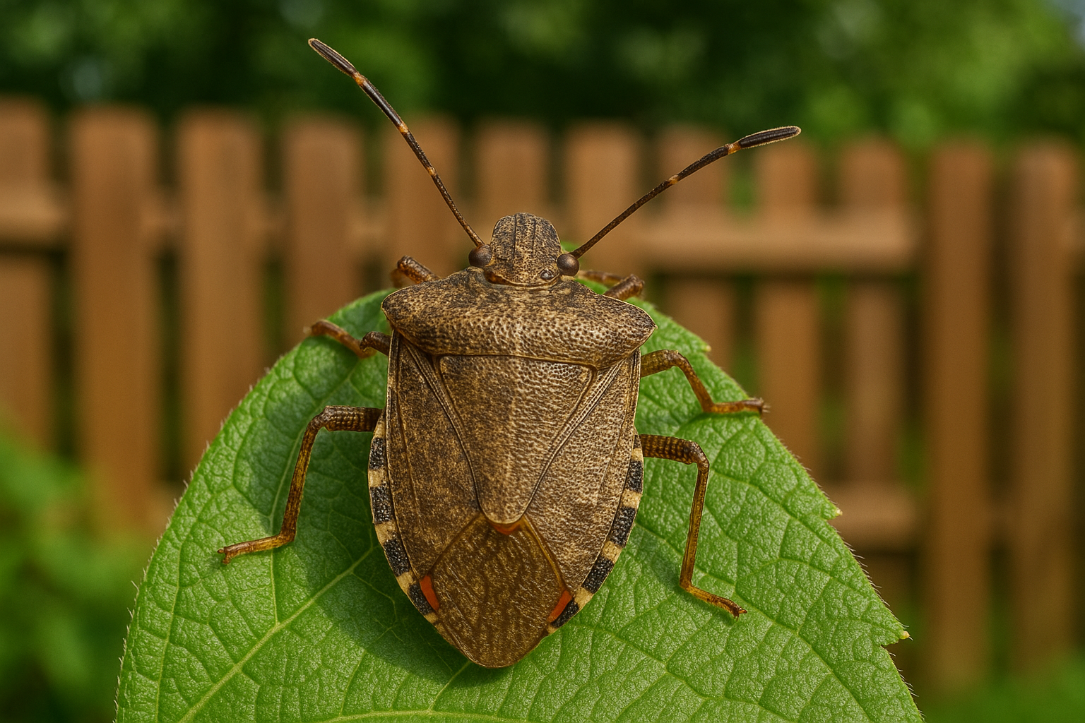Close‑up of an adult brown stink bug showing its shield‑shaped back and mottled brown coloration