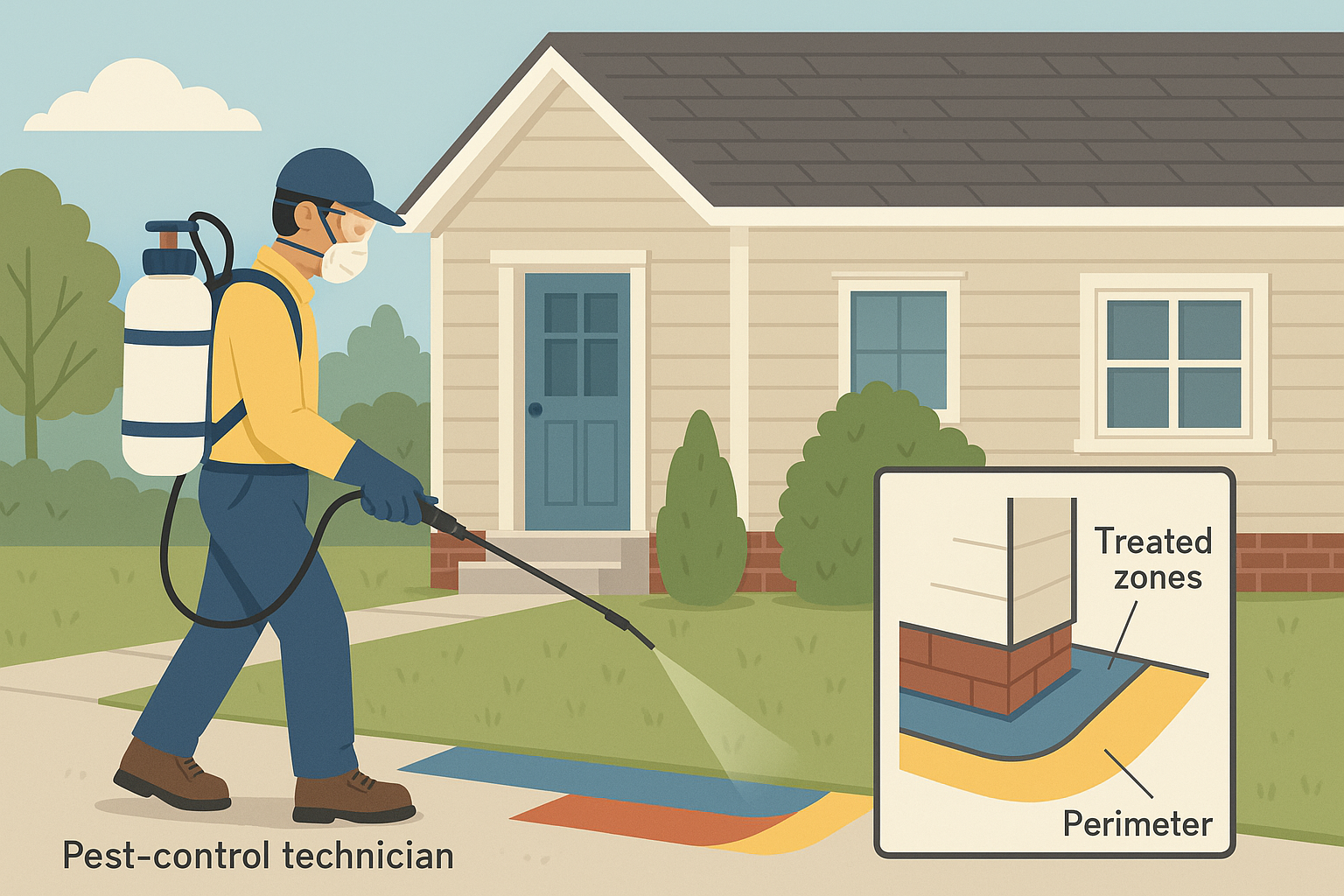 Technician applying perimeter spray around a home