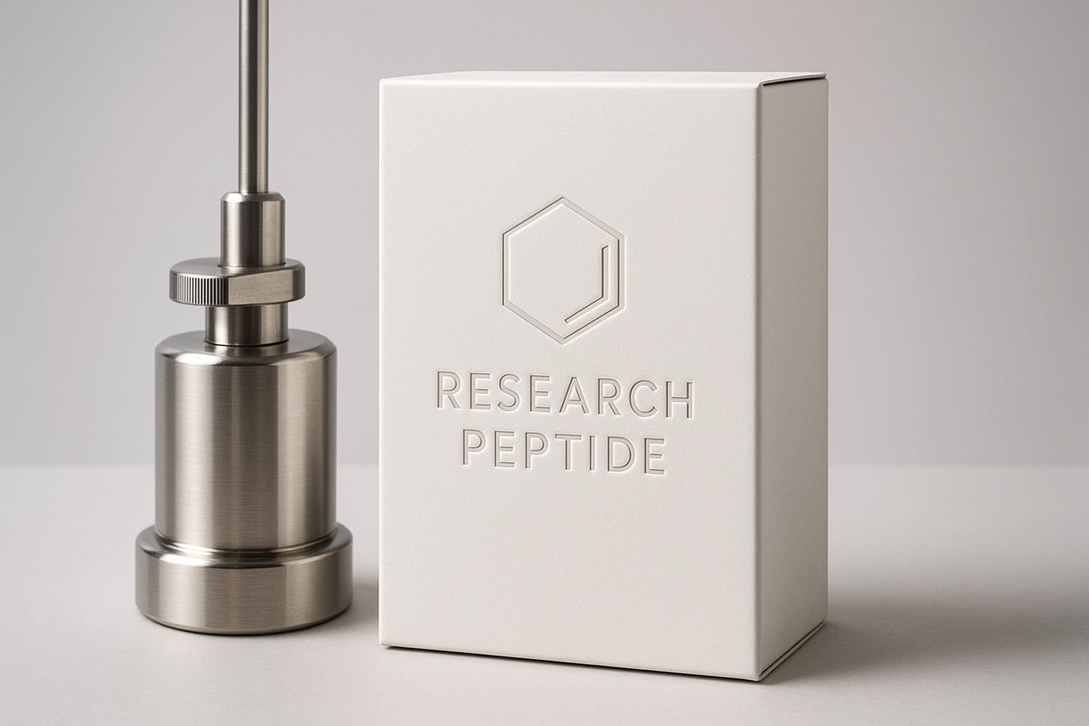 Premium peptide box mockup beside stainless steel lab equipment