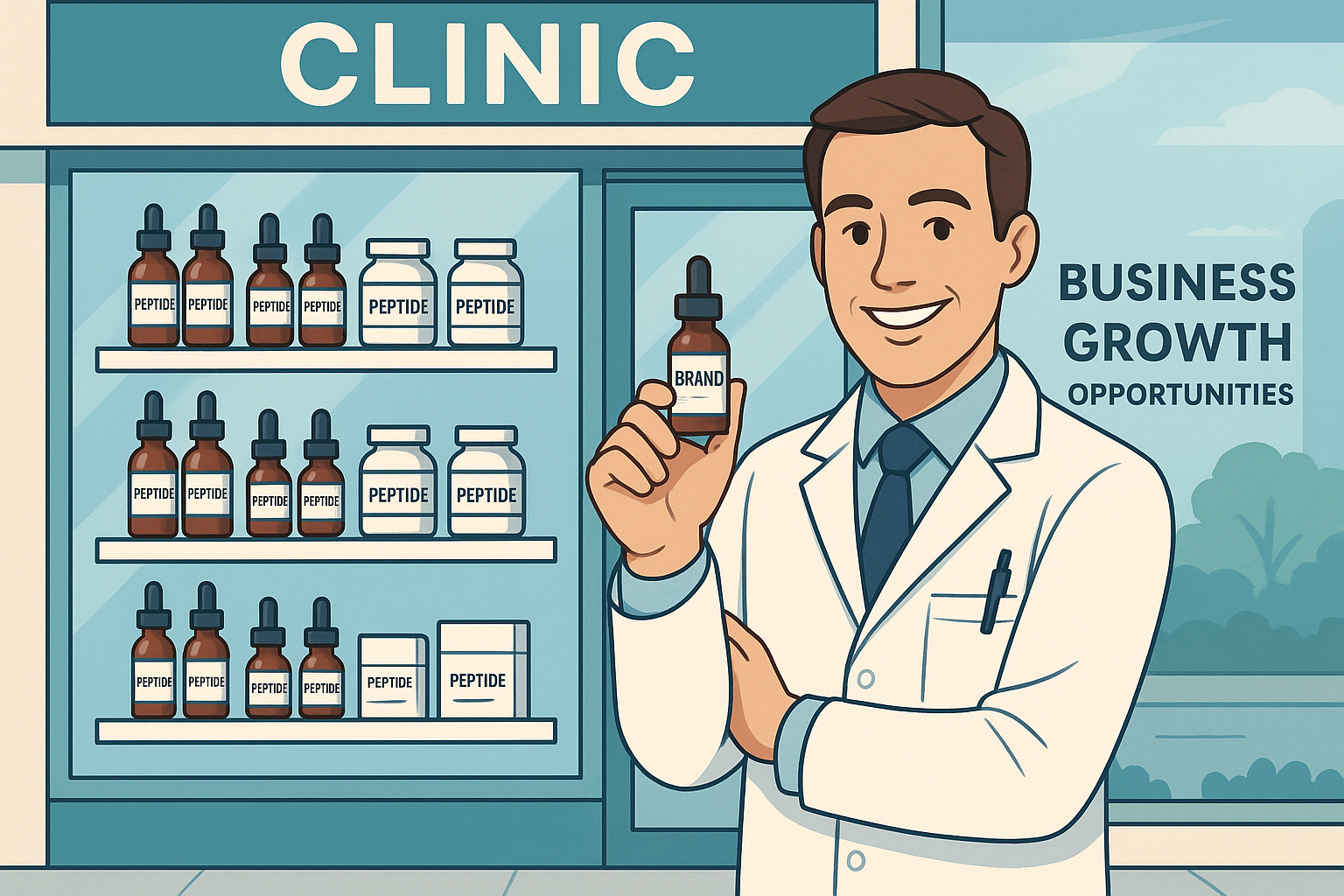 Clinic storefront with branded peptide product shelf