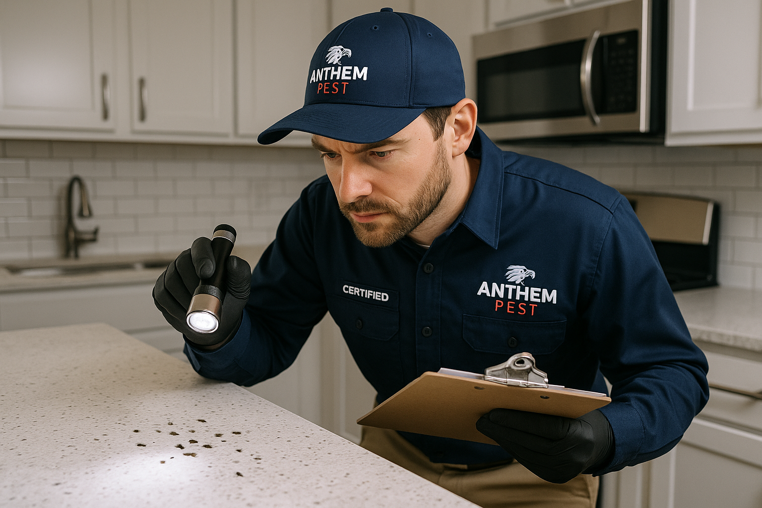 Illustration showing a pest inspector examining a kitchen for cockroach activity