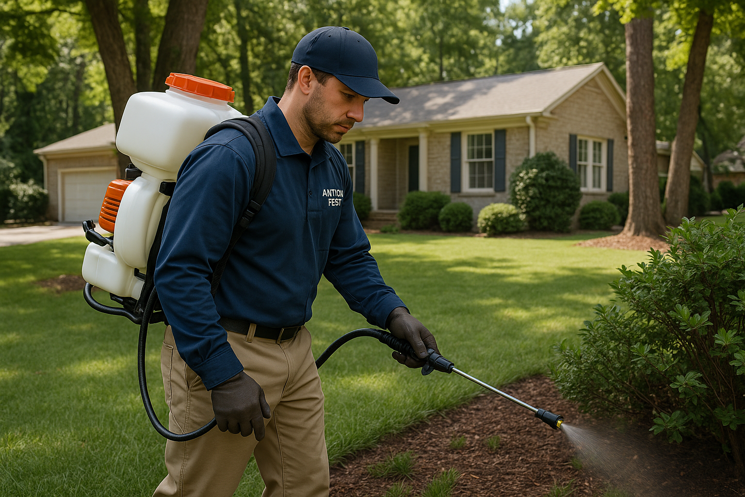 Technician applying tick control spray around a suburban yard