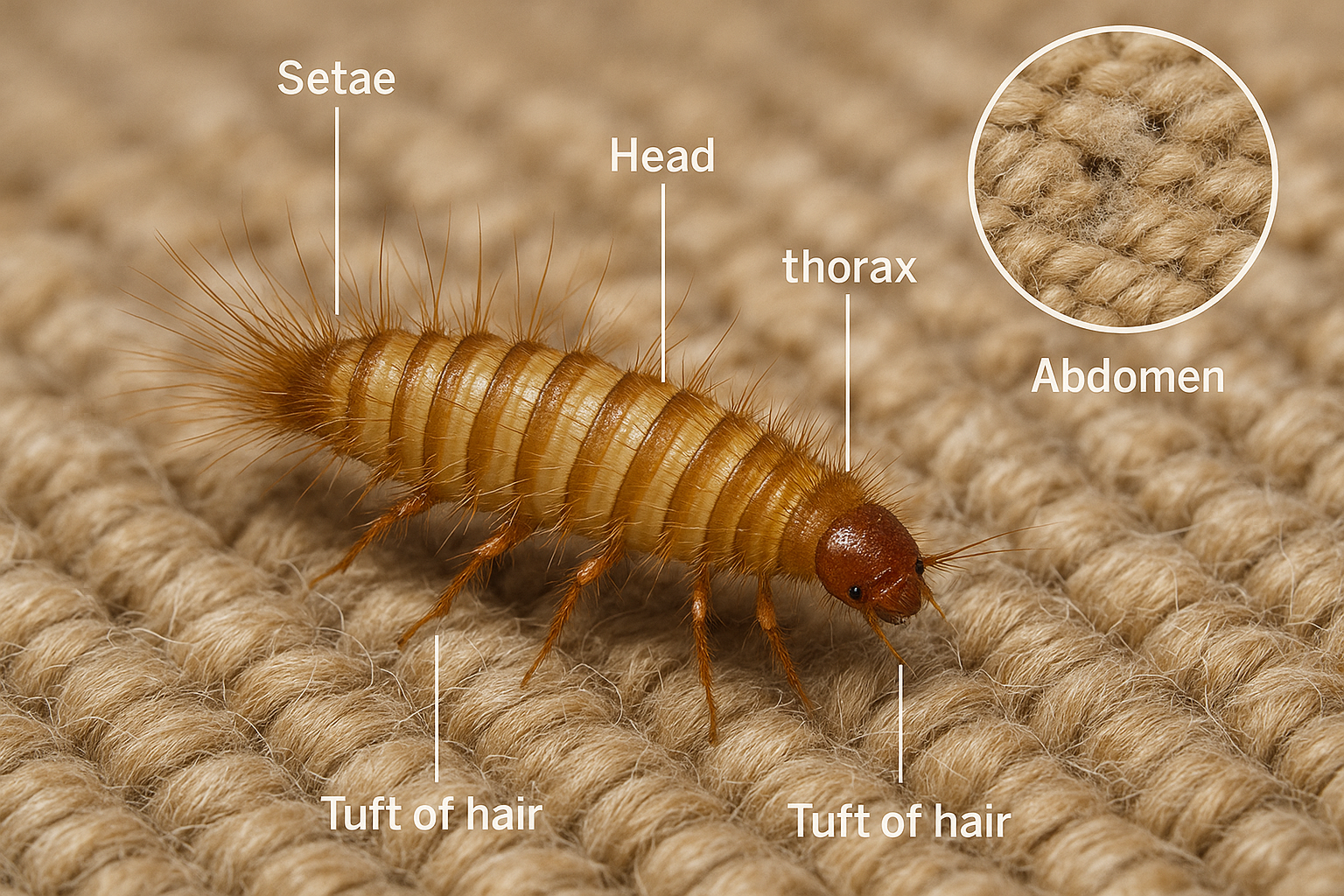 Close‑up of carpet beetle larvae on fabric