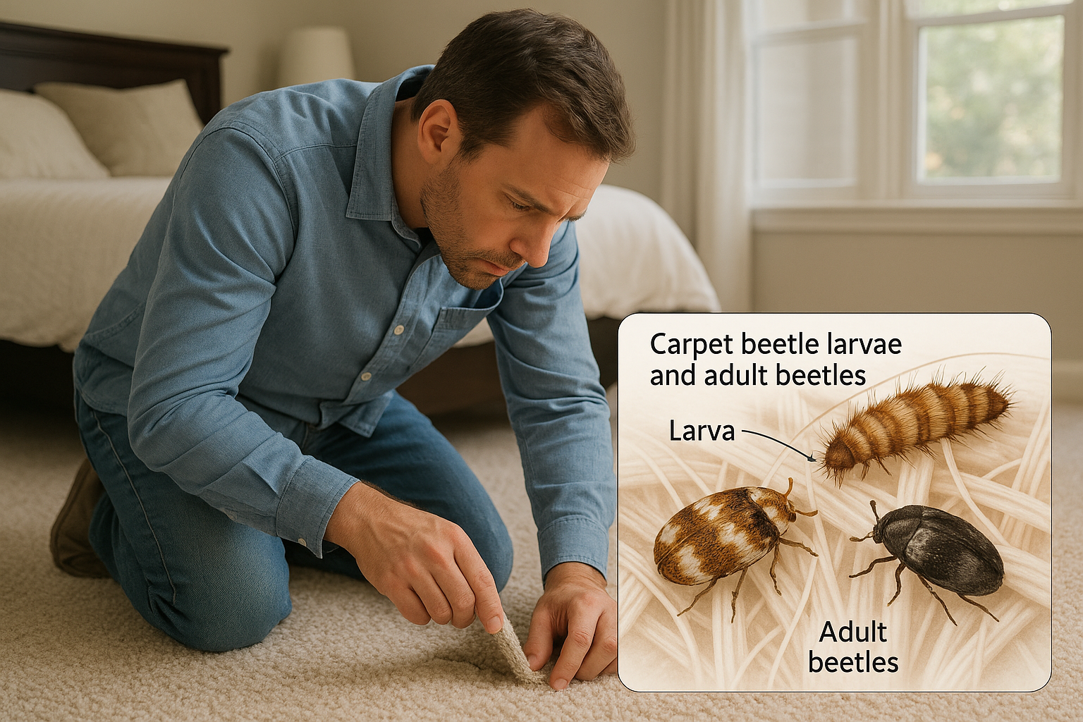 Close‑up of carpet beetle larvae and webbing