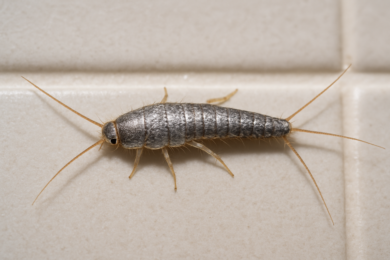 Close‑up of a silverfish showing its silvery scales and elongated body