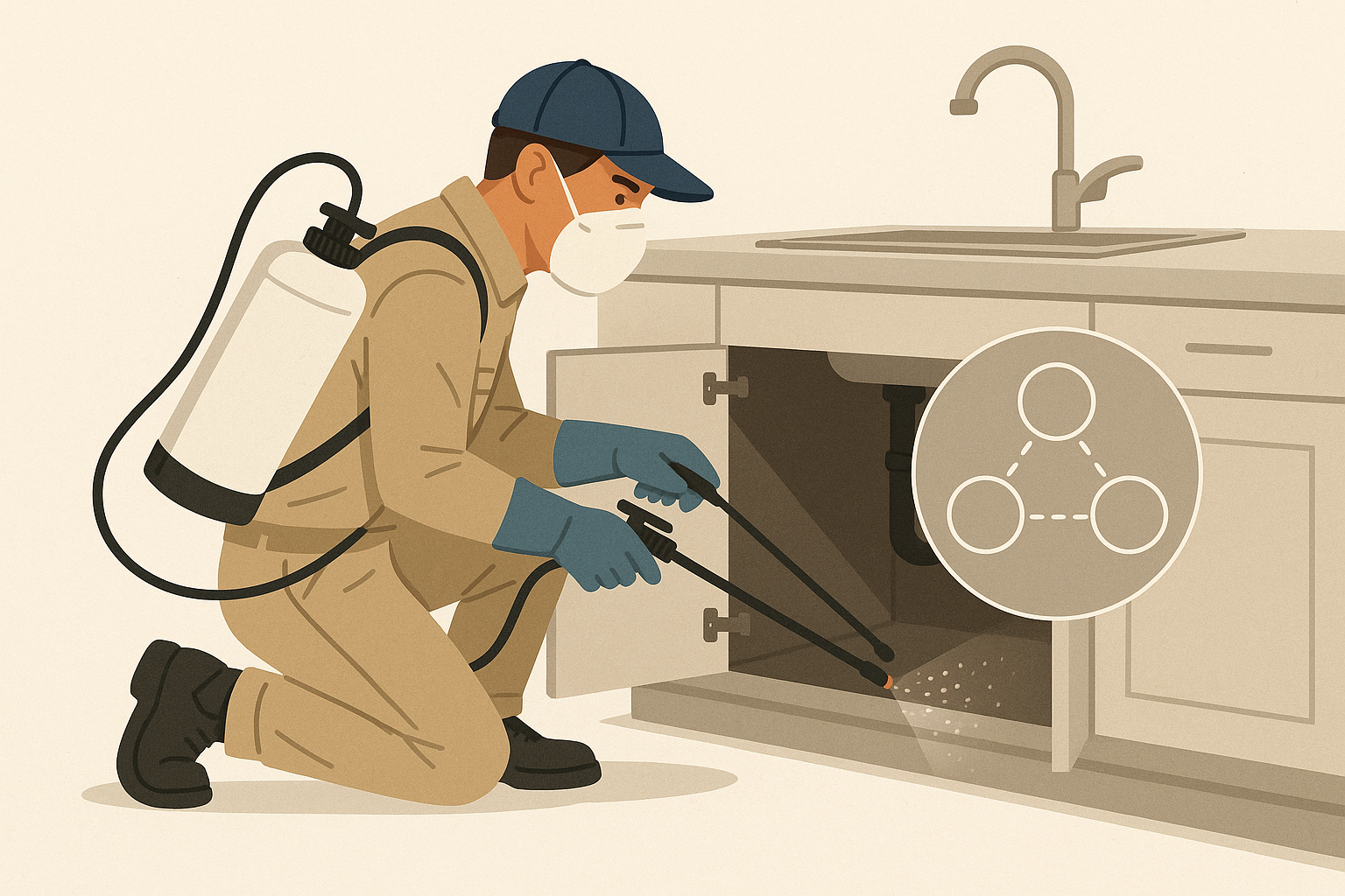 Technician applying spray under a kitchen sink