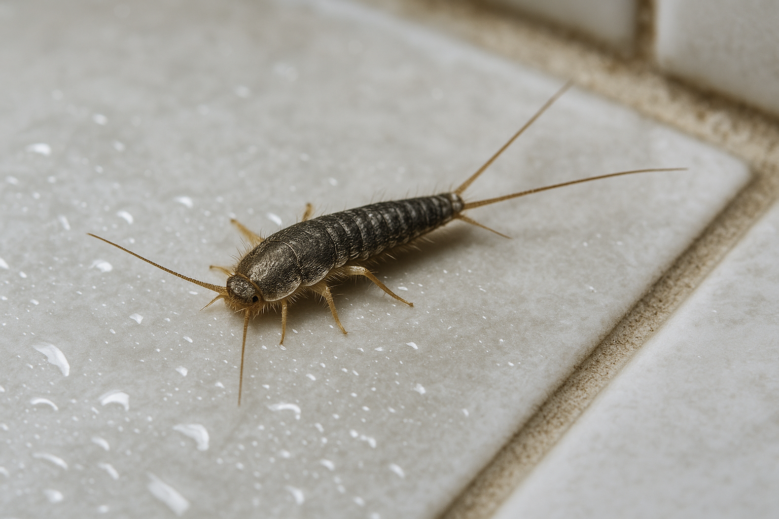 Close‑up of a silvery‑gray silverfish with three tail bristles