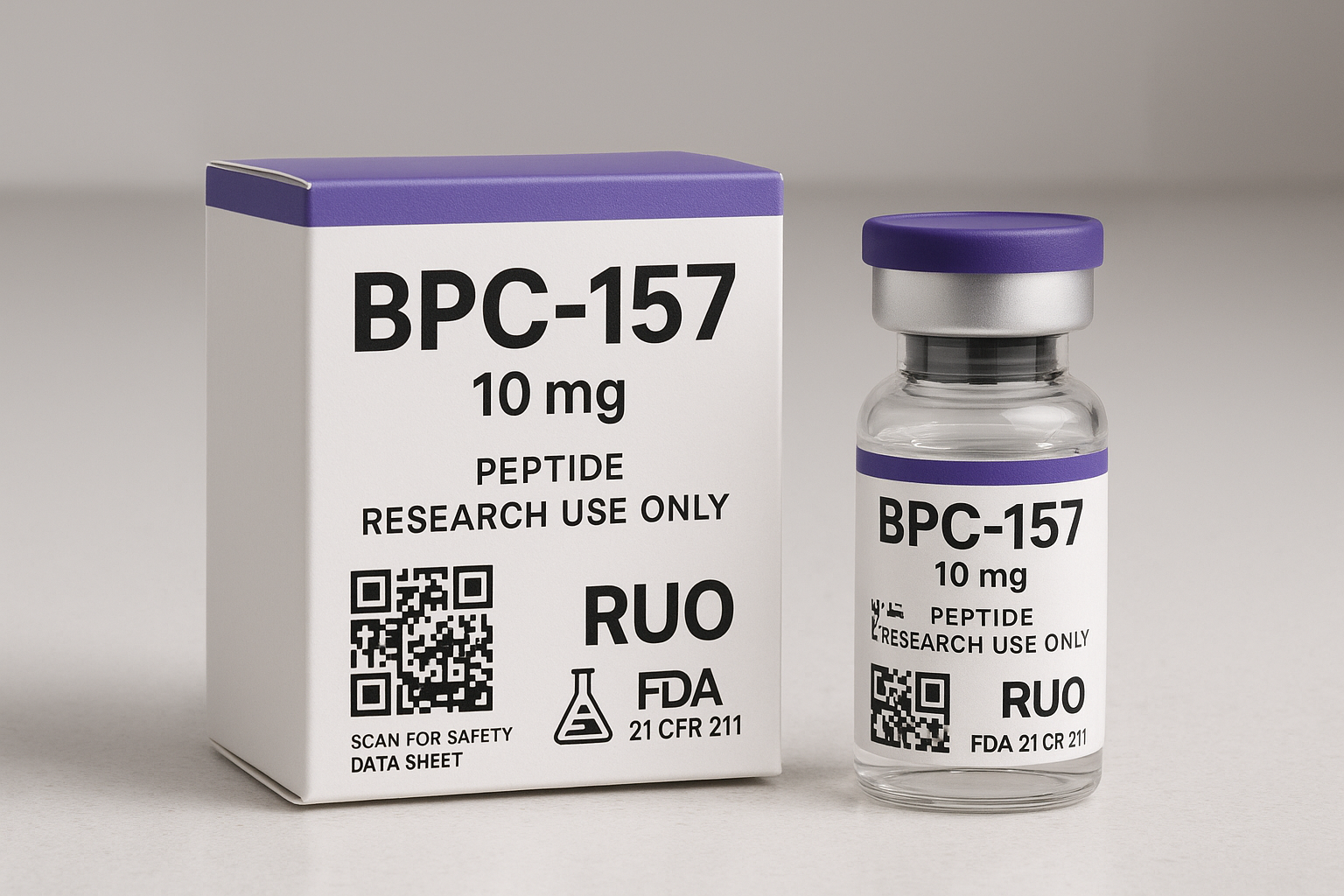 Branded BPC‑157 10 mg vial with compliance label displayed on a countertop