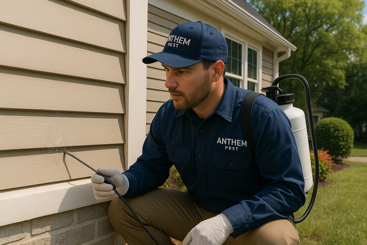 Anthem Pest technician inspecting a home for spiders