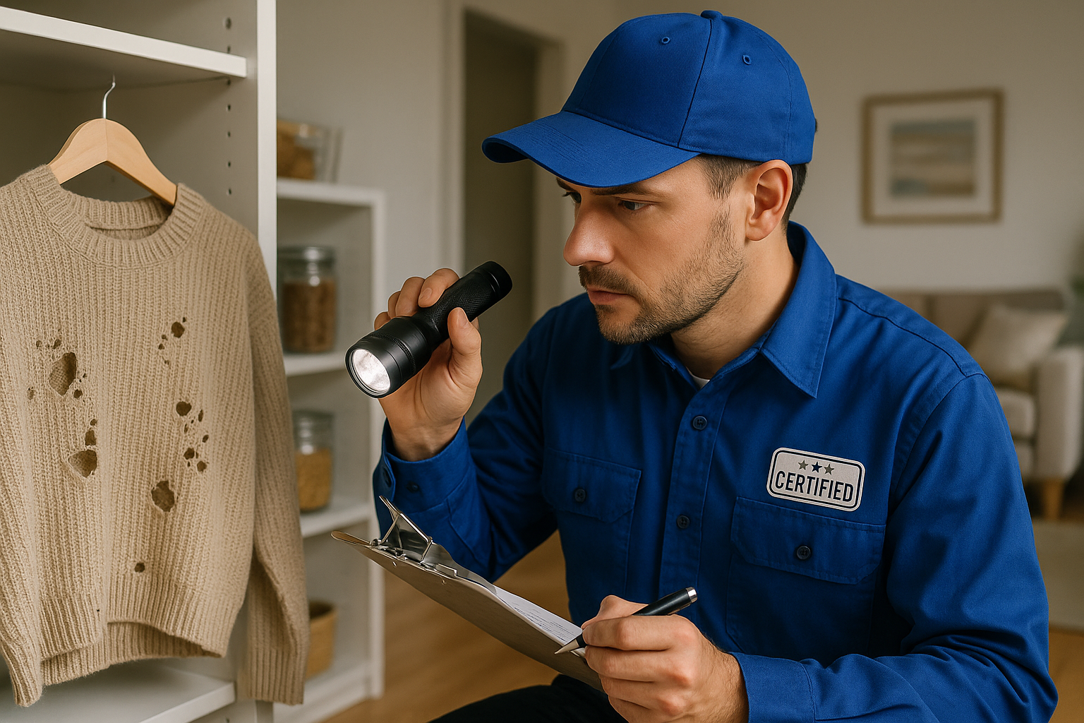 Anthem Pest technician performing a moth inspection in a Tucker home