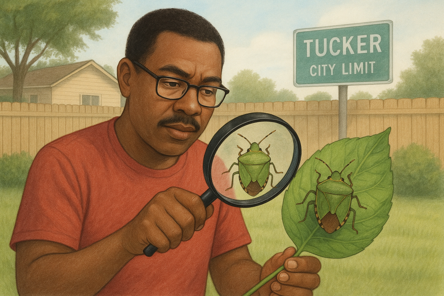 Anthem Pest technician performing a stink bug inspection in a Tucker home