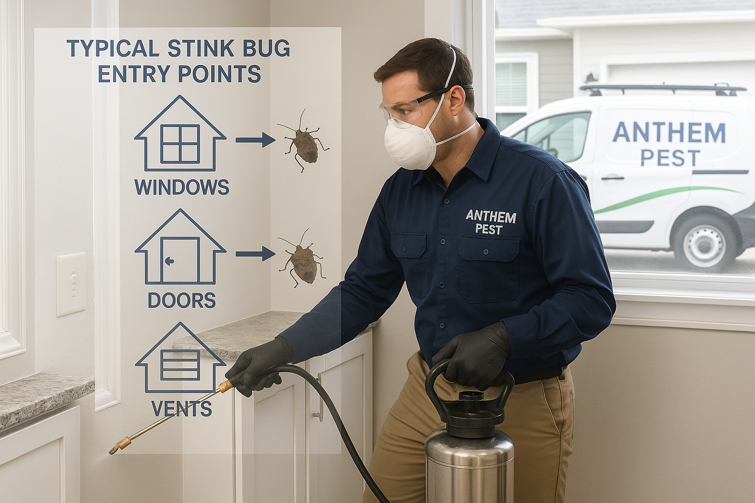 Professional pest technician applying indoor spray while inspecting entry points