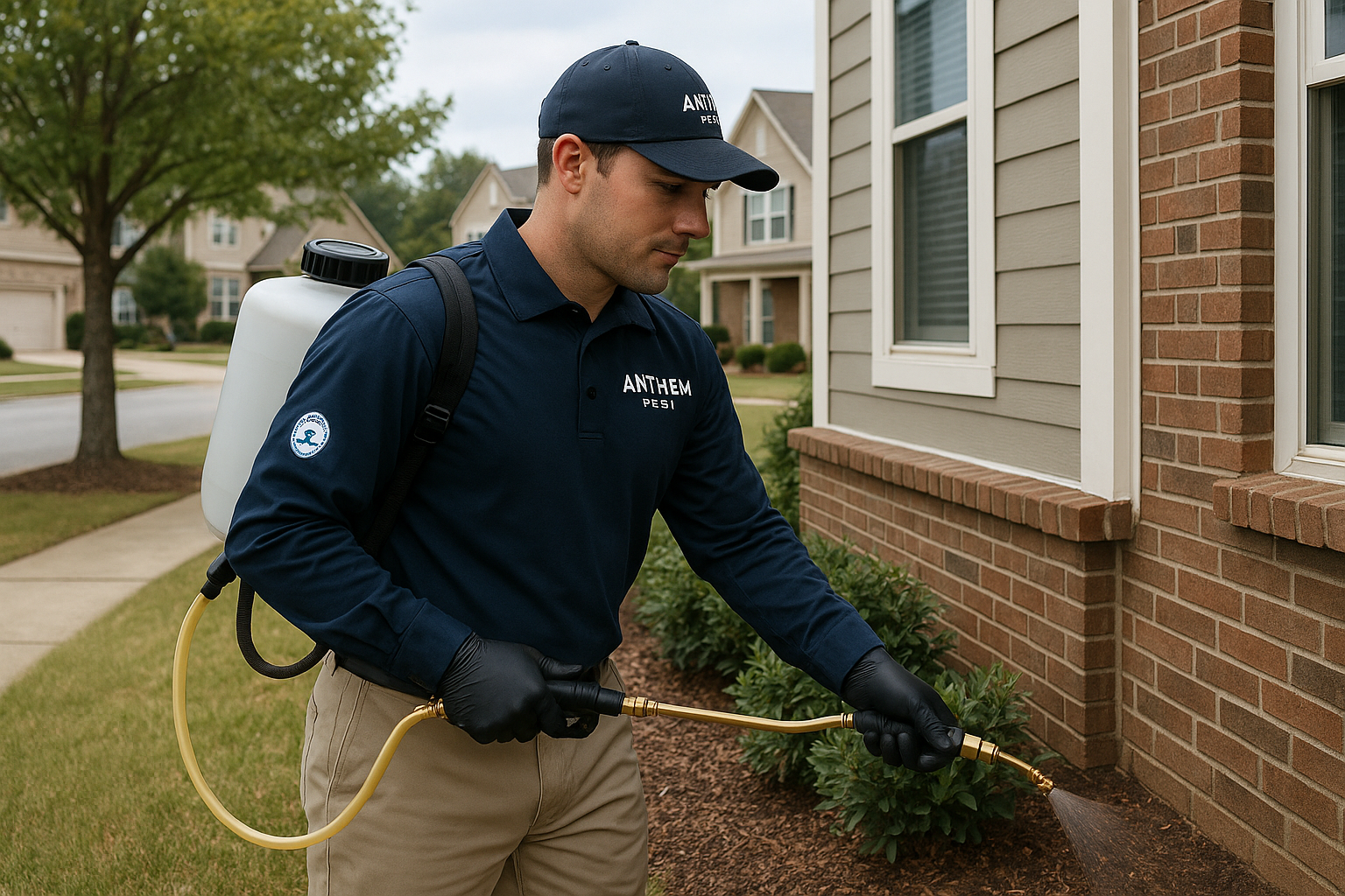 Anthem technician applying a perimeter spray around a Smyrna home