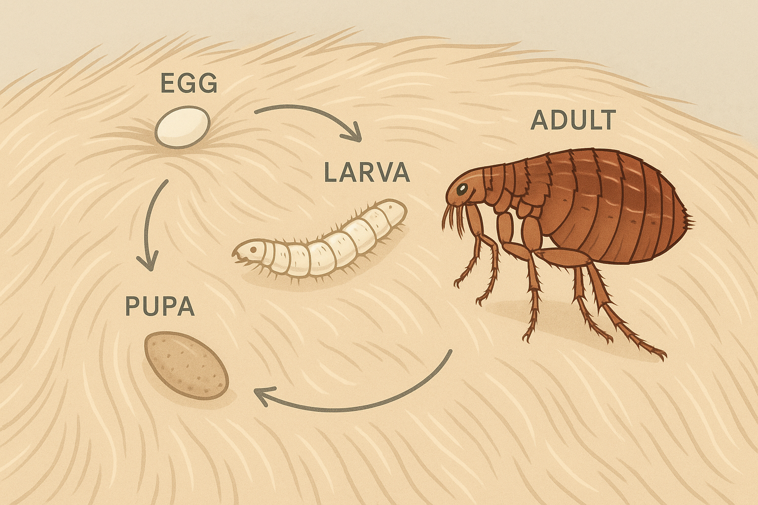 Flea life cycle diagram showing egg, larva, pupa, and adult stages