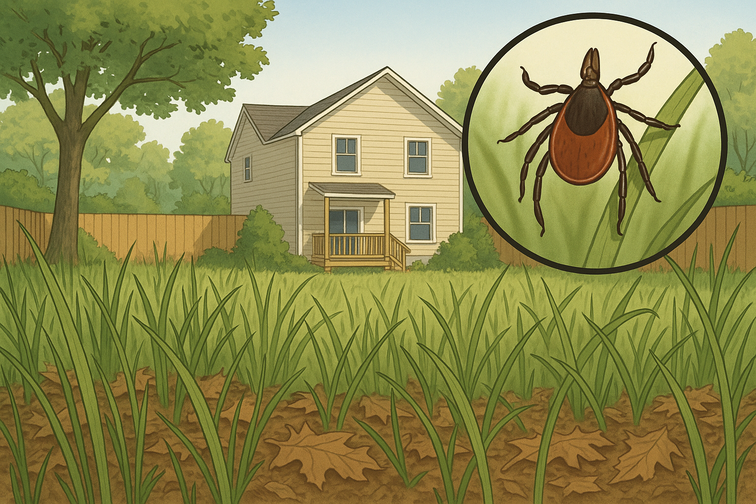 Illustration of common tick habitats around a suburban home