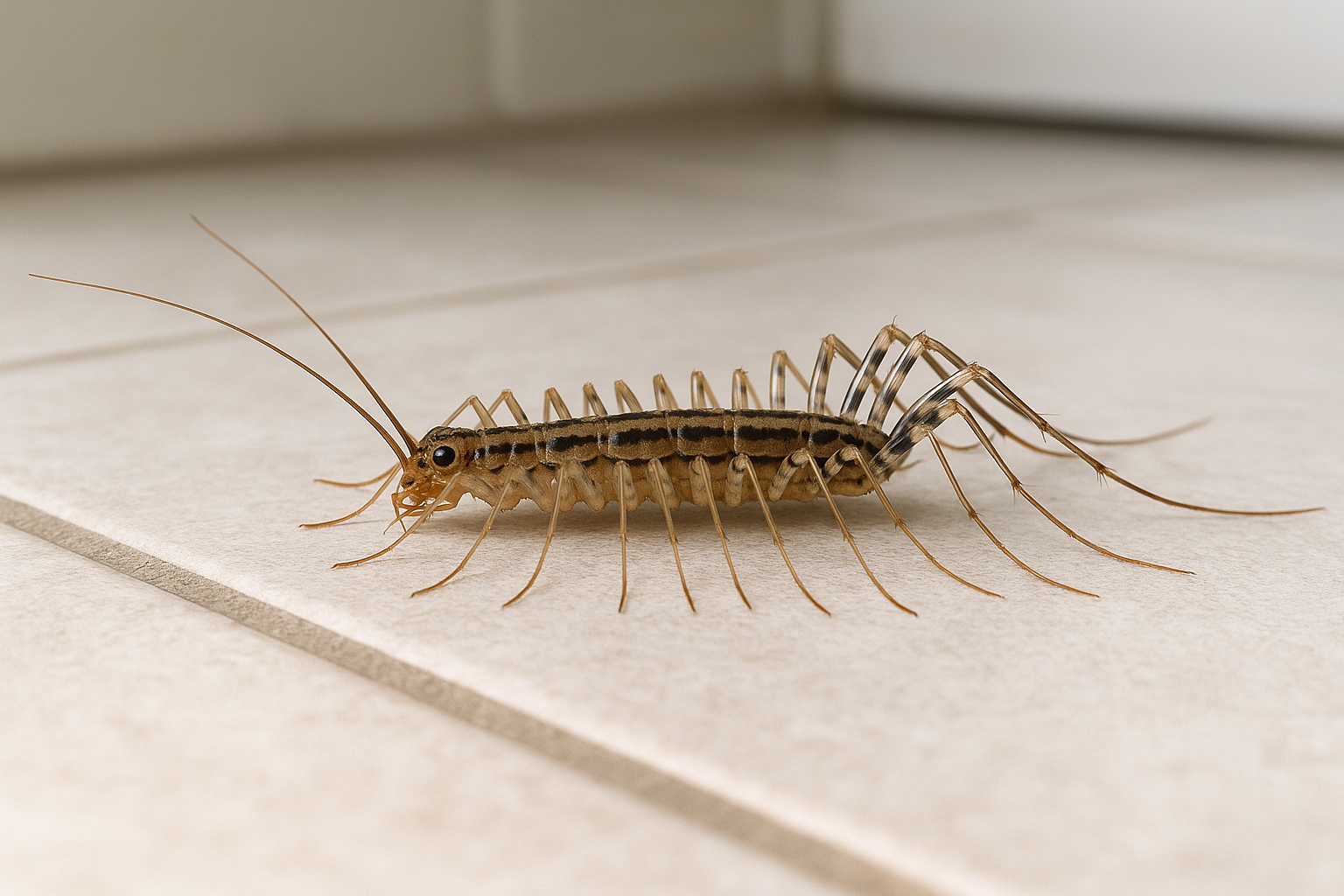 Close‑up of a house centipede with its 30 legs fanned out