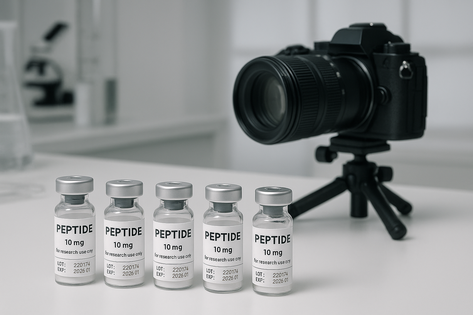 Pristine lab bench with glass vials, label focus, and camera on tripod
