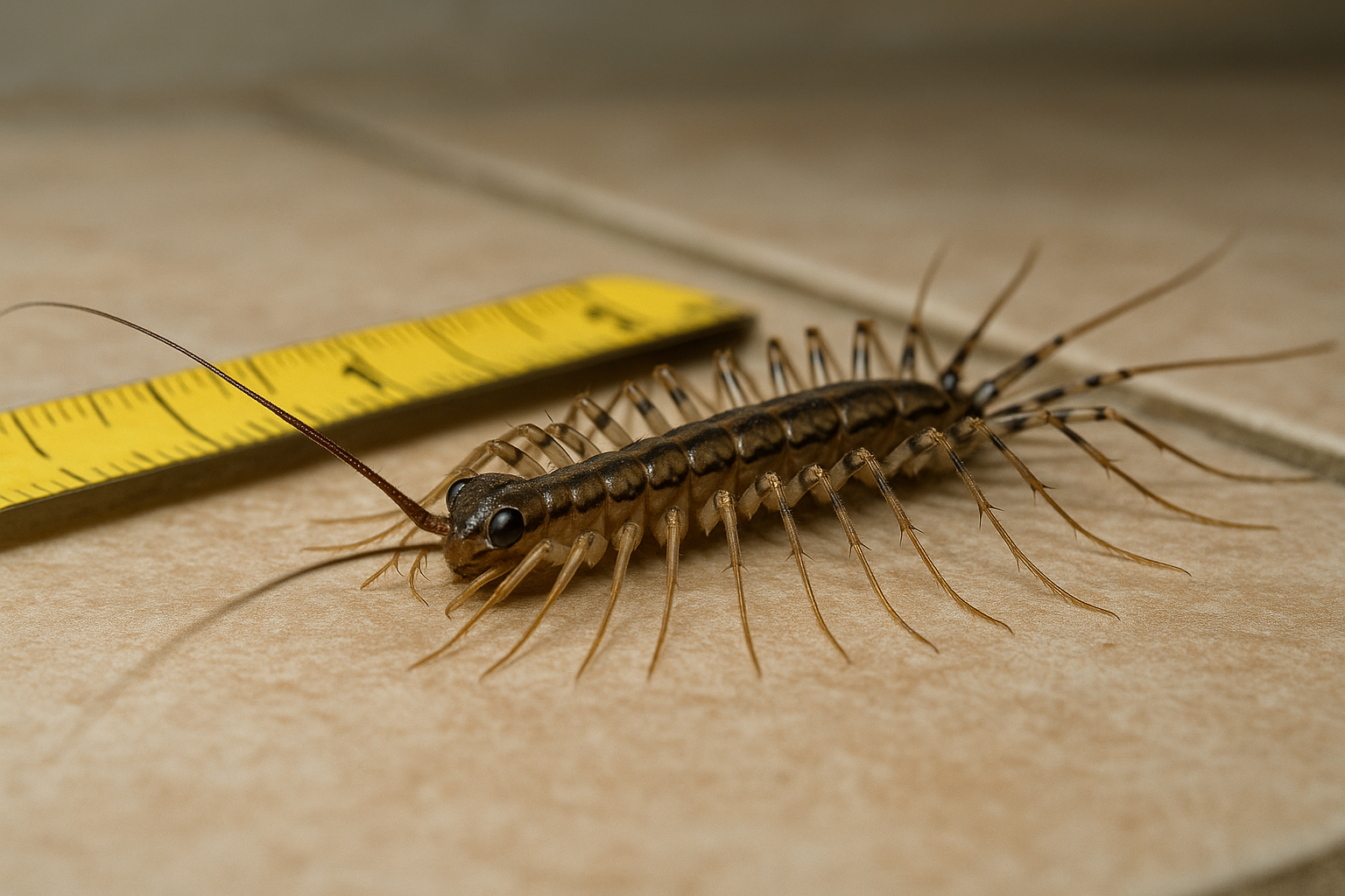 Close-up of a centipede showing striped body and many legs