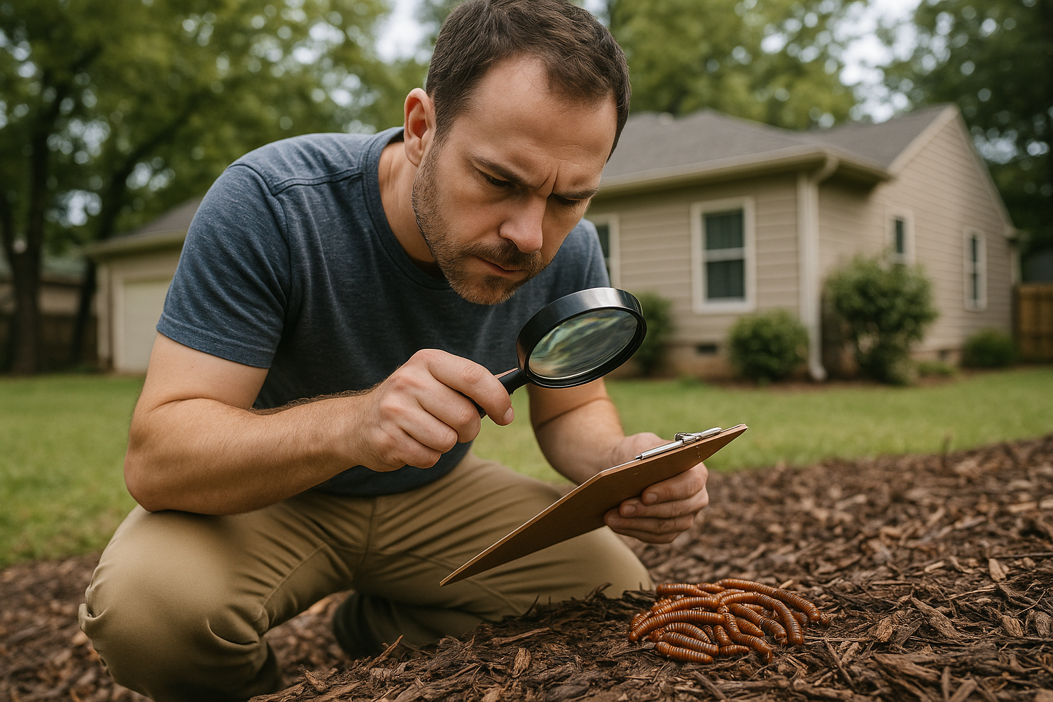 Technician conducting a millipede inspection with moisture meter and sticky traps