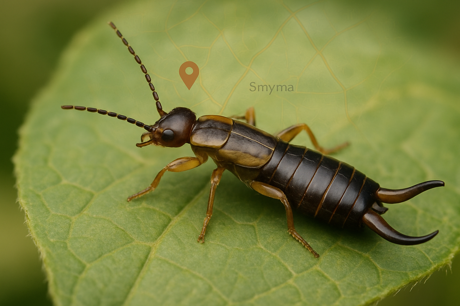 Close‑up of a common earwig showing its dark body and characteristic pincers