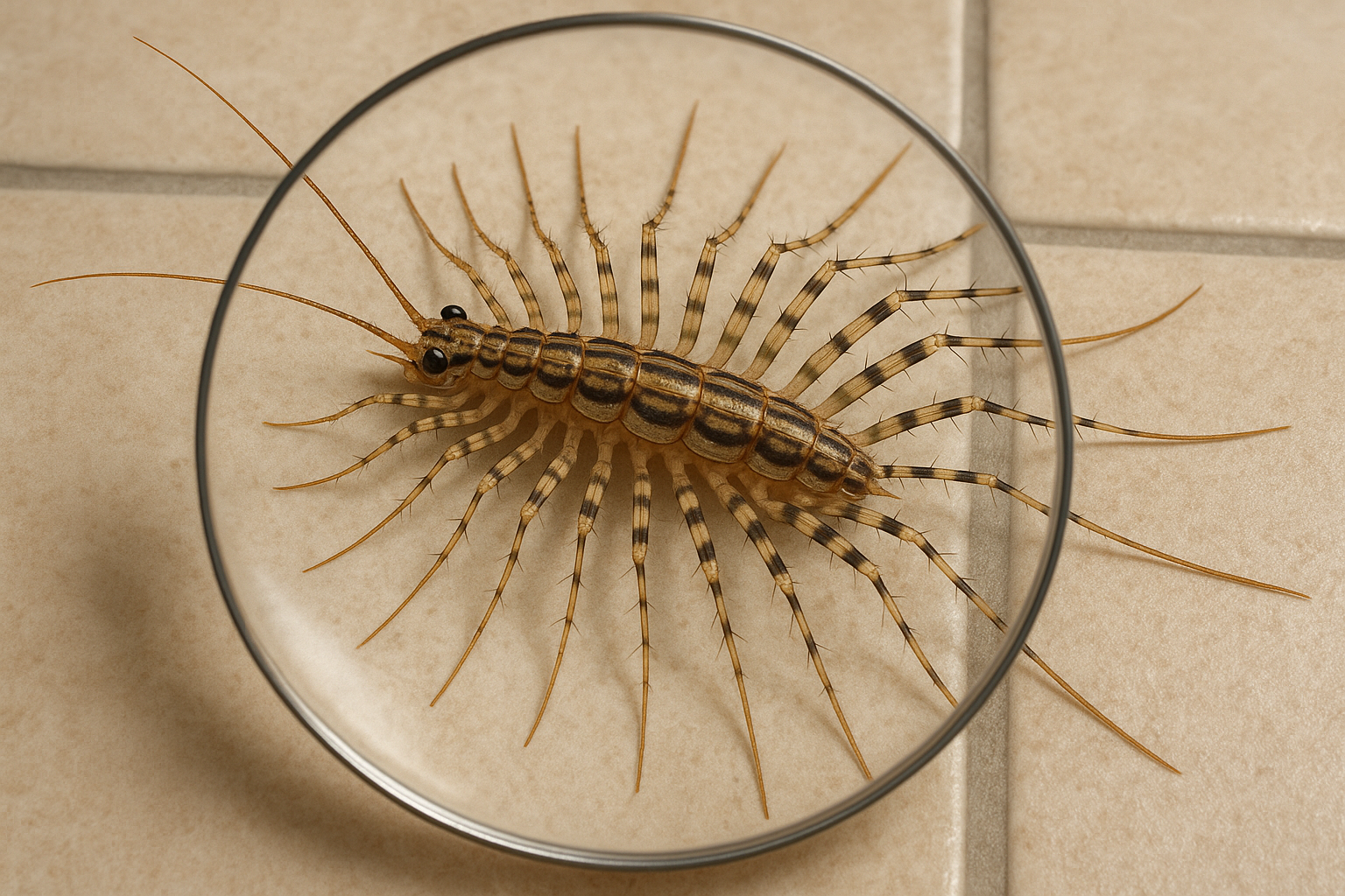 Close‑up of a house centipede showing striped legs and long antennae